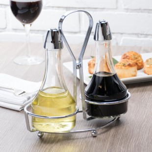 TableCraft 608N Modern Sets 3 Piece Oil & Vinegar Cruet Set with Chrome Rack
