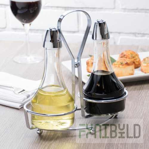 TableCraft 608N Modern Sets 3 Piece Oil & Vinegar Cruet Set with Chrome Rack