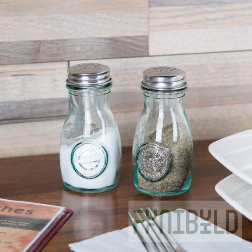 TableCraft 6618 4 oz. Authentic Collection Recycled Green Glass Salt and Pepper Shaker with Stainless Steel Top - 24/Case
