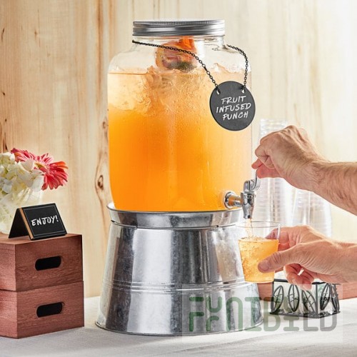 Acopa 2 Gallon Mason Jar Glass Beverage Dispenser with Infusion Chamber, Chalkboard Sign, and Metal Stand