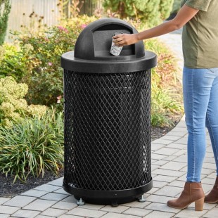Lancaster Table & Seating 36 Gallon Heavy-Duty Round Black Expanded Steel Outdoor Trash Can with Dome Lid Lancaster Table & Seating 36 Gallon Heavy-Duty Round Black Expanded Steel Outdoor Trash Can with Dome Lid