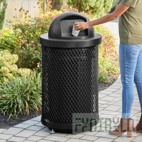 Lancaster Table & Seating 36 Gallon Heavy-Duty Round Black Expanded Steel Outdoor Trash Can with Dome Lid