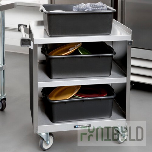 Lakeside 822B 3 Shelf Heavy Duty Stainless Steel Utility Cart with Enclosed Base and Black Laminate Finish - 19 1/2
