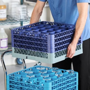 Noble Warewashing 25-Compartment Gray Full-Size Glass Rack with 4 Blue Extenders Noble Warewashing 25-Compartment Gray Full-Size Glass Rack with 4 Blue Extenders