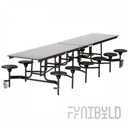 National Public Seating MTS10-PWTMPC 10' Rectangular Mobile Plywood Cafeteria Table with Powder Coated Frame, T-Molding Edge, and 12 Stools