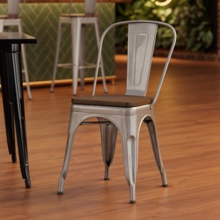 Lancaster Table & Seating Alloy Silver Indoor Cafe Chair with Walnut Wood Seat Lancaster Table & Seating Alloy Silver Indoor Cafe Chair with Walnut Wood Seat
