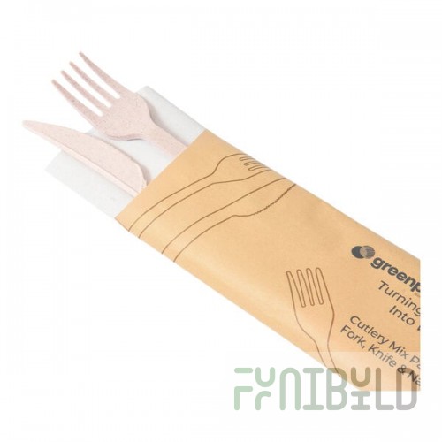 Greenprint Wrapped Heavy Weight Natural Agave Knife, Fork, and Napkin - 200/Case
