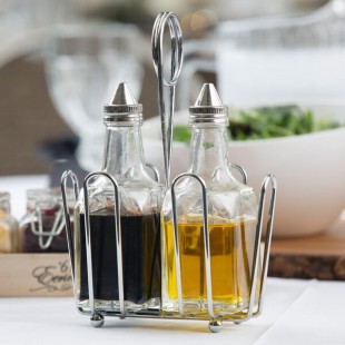 TableCraft 600ST European Collection 6 oz. 3 Piece Clear Glass Oil and Vinegar Cruet Set with Chrome Rack