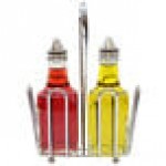 TableCraft 600ST European Collection 6 oz. 3 Piece Clear Glass Oil and Vinegar Cruet Set with Chrome Rack