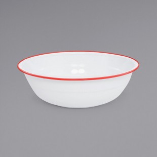 Crow Canyon Home V25RED Vintage 8 Qt. White Round Enamelware Footed Basin with Red Rolled Rim Crow Canyon Home V25RED Vintage 8 Qt. White Round Enamelware Footed Basin with Red Rolled Rim