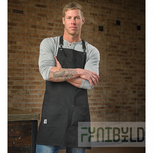 Mercer Culinary M63208BDBK Metro Edge Renegade Black Cotton Canvas Bib Apron with Adjustable Black Leather Cross-Back Straps, and 5 Pockets - 30 1/2