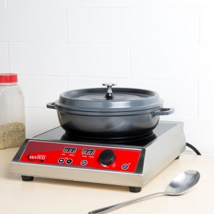GET Heiss 3 Qt. Gray Enamel Coated Cast Aluminum Brazier / Paella Dish with Lid CA-005-GR/BK/CC