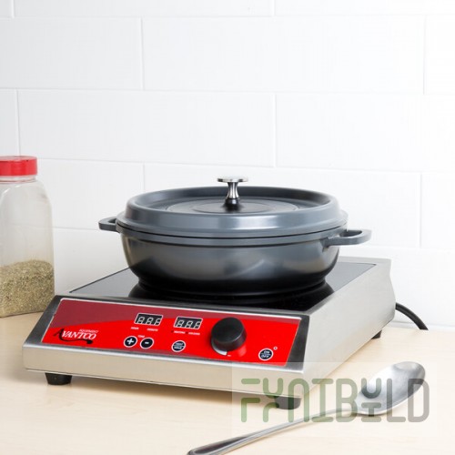GET Heiss 3 Qt. Gray Enamel Coated Cast Aluminum Brazier / Paella Dish with Lid CA-005-GR/BK/CC