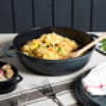 GET Heiss 3 Qt. Gray Enamel Coated Cast Aluminum Brazier / Paella Dish with Lid CA-005-GR/BK/CC