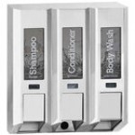 Dispenser Amenities 91334 Azaya 43.5 oz. Satin Silver 3-Chamber Wall Mounted Locking Shower Dispenser with Chrome Buttons Dispenser Amenities 91334 Azaya 43.5 oz. Satin Silver 3-Chamber Wall Mounted Locking Shower Dispenser with Chrome Buttons