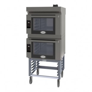 Cadco Bakerlux Station BLS-4FLD-2H Double Stacked 4-Shelf Full Size Heavy-Duty Digital Countertop Convection Ovens with LED Control Panels, Ventless Hood, and Stand - 208-240V Cadco Bakerlux Station BLS-4FLD-2H Double Stacked 4-Shelf Full Size Heavy-Duty Digital Countertop Convection Ovens with LED Control Panels, Ventless Hood, and Stand - 208-240V