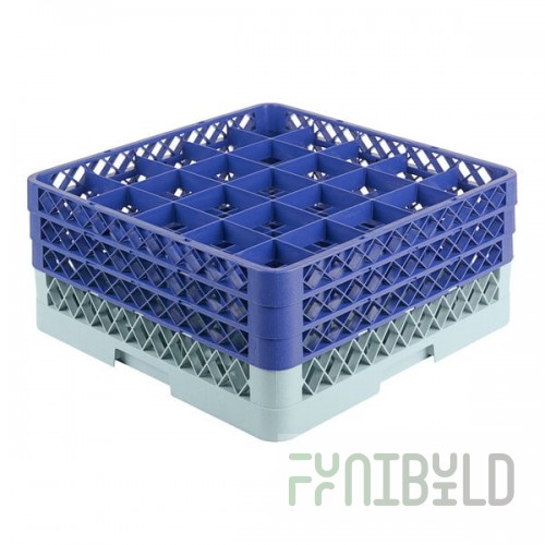 Noble Warewashing 25-Compartment Gray Full-Size Glass Rack with 3 Blue Extenders
