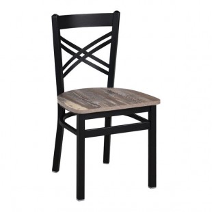 BFM Seating Akrin Sand Black Steel Cross Back Chair with Relic Farm House Melamine Seat
