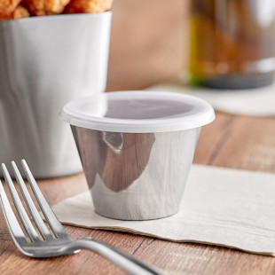 TableCraft 3 oz. Round Stainless Steel Sauce Cup with Lid - 6/Pack