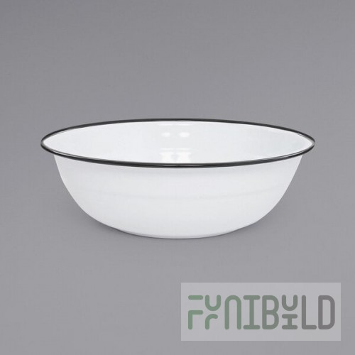 Crow Canyon Home V25BLA Vintage 8 Qt. White Round Enamelware Footed Basin with Black Rolled Rim