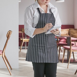 Choice Black and White Chalk Stripe Poly-Cotton Front of House Bib Apron with 3 Pockets - 25