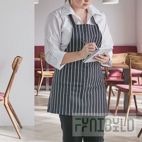 Choice Black and White Chalk Stripe Poly-Cotton Front of House Bib Apron with 3 Pockets - 25