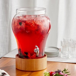Acopa 5 Gallon Curved Glass Beverage Dispenser with Glass Lid and Wood Base Acopa 5 Gallon Curved Glass Beverage Dispenser with Glass Lid and Wood Base