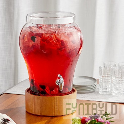 Acopa 5 Gallon Curved Glass Beverage Dispenser with Glass Lid and Wood Base