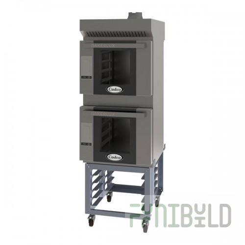 Cadco Bakerlux Station BLS-4HLD-2H Double Stacked 4-Shelf Half Size Heavy-Duty Digital Countertop Convection Ovens with LED Control Panels, Ventless Hood, and Stand - 208-240V