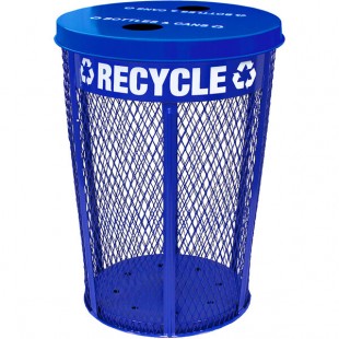 Witt Industries EXP-52NPBL-FTR 48 Gallon Blue Steel Mesh Round Outdoor Recycling Bin with Two Hole Flat Top Lid Witt Industries EXP-52NPBL-FTR 48 Gallon Blue Steel Mesh Round Outdoor Recycling Bin with Two Hole Flat Top Lid