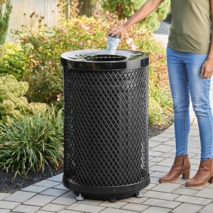 Lancaster Table & Seating 36 Gallon Heavy-Duty Round Black Expanded Steel Outdoor Trash Can with Flat Lid Lancaster Table & Seating 36 Gallon Heavy-Duty Round Black Expanded Steel Outdoor Trash Can with Flat Lid