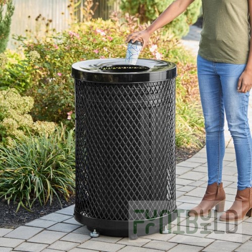 Lancaster Table & Seating 36 Gallon Heavy-Duty Round Black Expanded Steel Outdoor Trash Can with Flat Lid