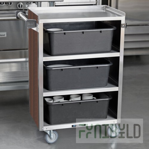 Lakeside 815W 4 Shelf Medium Duty Stainless Steel Utility Cart with Enclosed Base and Walnut Finish - 16 7/8
