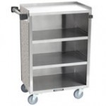 Lakeside 815W 4 Shelf Medium Duty Stainless Steel Utility Cart with Enclosed Base and Walnut Finish - 16 7/8