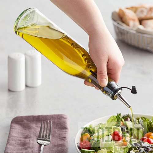 TableCraft H92007 17 oz. Green Tinted Glass Oil Cruet with Stainless Steel Pourer