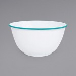 Crow Canyon Home V23TUR Vintage 4 Qt. White Round Enamelware Footed Bowl with Turquoise Rolled Rim