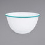 Crow Canyon Home V23TUR Vintage 4 Qt. White Round Enamelware Footed Bowl with Turquoise Rolled Rim
