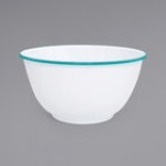 Crow Canyon Home V23TUR Vintage 4 Qt. White Round Enamelware Footed Bowl with Turquoise Rolled Rim