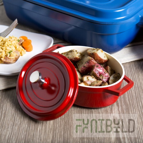 GET Heiss 12 oz. Red / White Enamel Coated Cast Aluminum Mini Coated Cast Aluminum Oval Pot with Lid CA-003-RW/CC