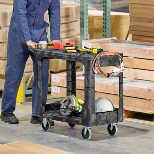 Rubbermaid® FG450589BLA Black Small Flat HD Two Shelf Heavy Duty Utility Cart with Extended Handle
