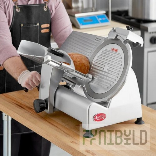 Omcan 31344 12 Inch Manual Gravity Feed Meat Slicer Carbon Steel Blade Anodized Aluminum