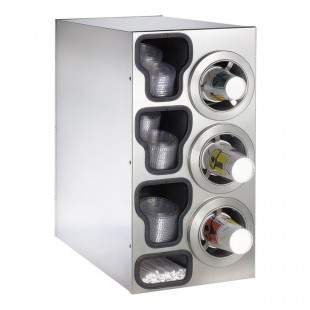 Dispense-Rite Stainless Steel One-Size-Fits-All 3-Compartment Left Side Countertop Cup Dispenser with Built-In Lid and Straw Organizer CTC-C-3LSS