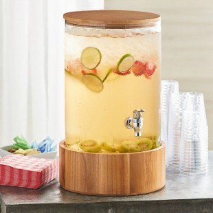 Acopa 3 Gallon Slim Glass Beverage Dispenser with Wood Lid and Base