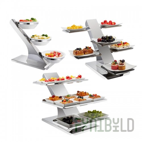 1880 Hospitality OSTAND 12 Inch 2-tier Bamboo Display Stand Stainless Steel O Shape
