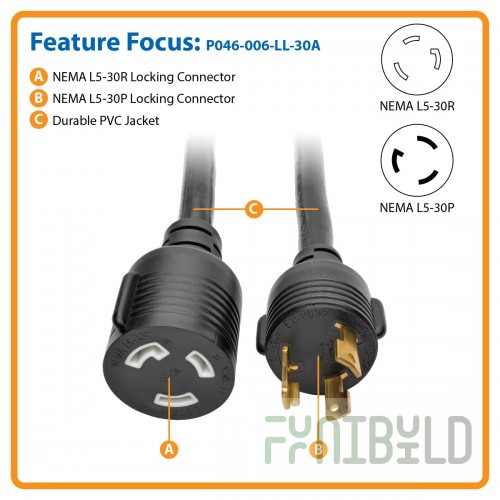 UNOX UXPW-1330A 10 AWG Power Cable for 1 Phase NEMA L5-30 Connections