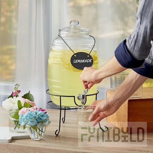 Acopa 2.5 Gallon Barrel Glass Beverage Dispenser with Chalkboard Sign and Black Stand
