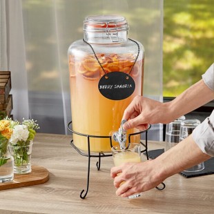 Acopa 2 Gallon Country Glass Beverage Dispenser with Chalkboard Sign and Black Stand