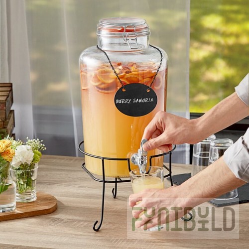 Acopa 2 Gallon Country Glass Beverage Dispenser with Chalkboard Sign and Black Stand