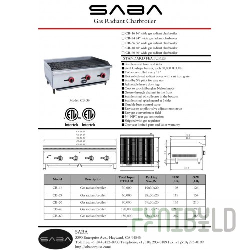 SABA CB-24 Radiant Charbroiler Countertop Gas