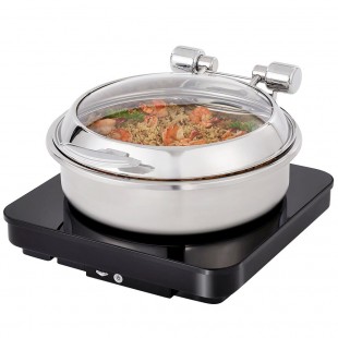 Vollrath 46125 6 Qt. Intrigue Glass Top Round Induction Chafer with Stainless Steel Trim and Stainless Steel Food Pan